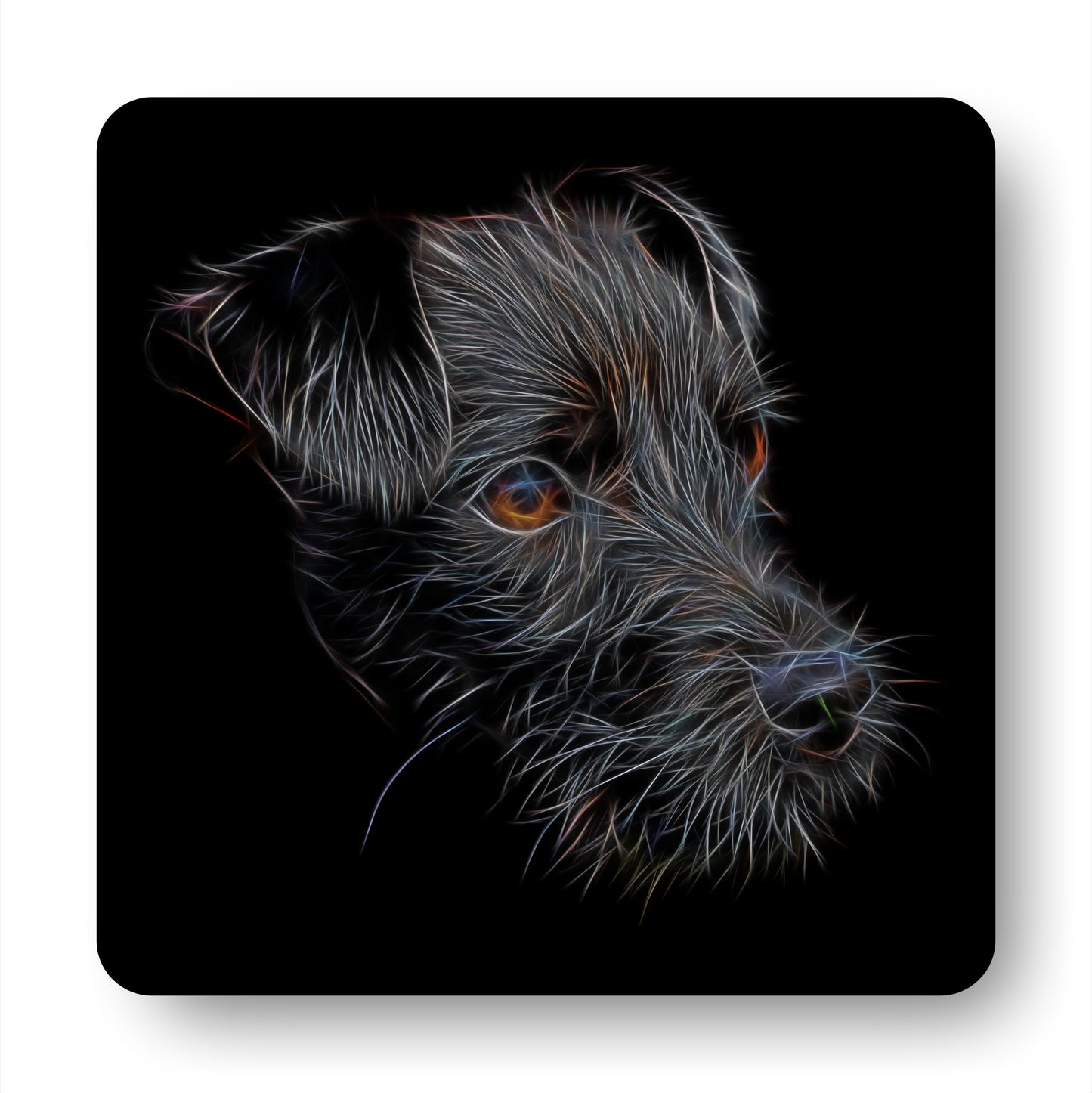 Black Patterdale Terrier Coasters, Set of 2, with Stunning Fractal Art Design.