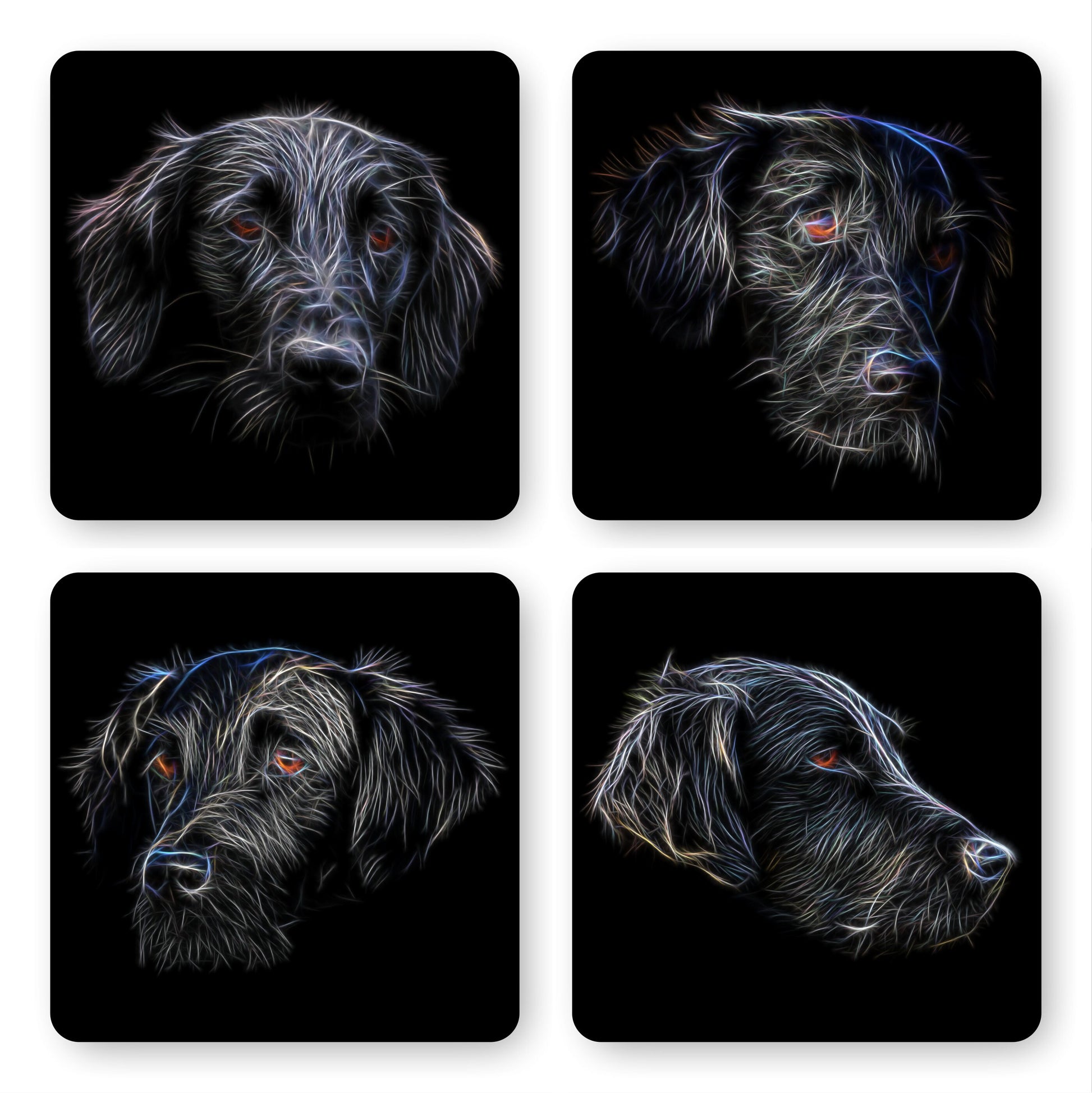 Flat Coated Retriever Coasters, Set of 4, with Stunning Fractal Art Design, Perfect Dog Owner Gift