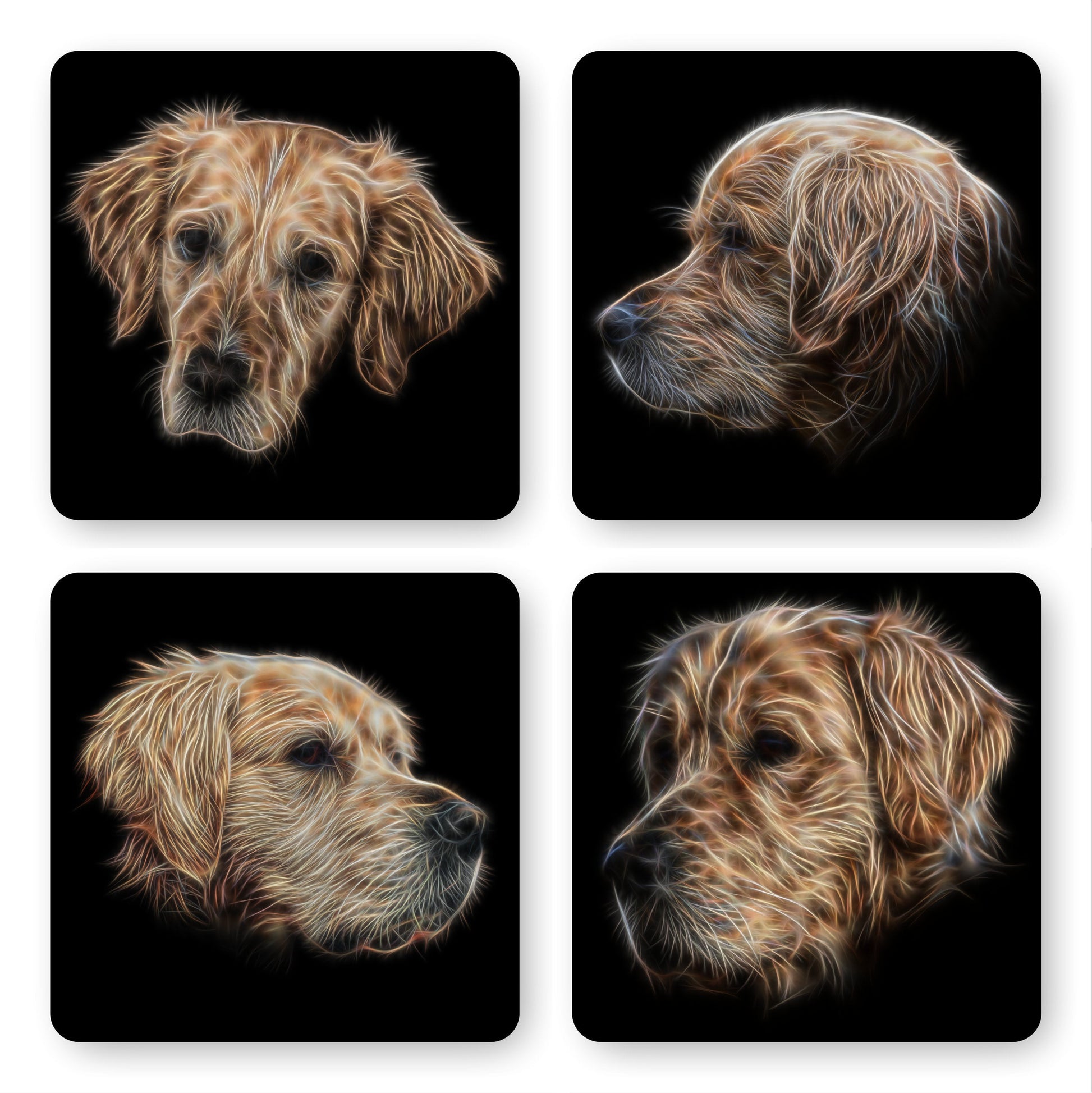Golden Retriever Coasters, Set of 4, with Stunning Fractal Art Design. Perfect Owner Gift.