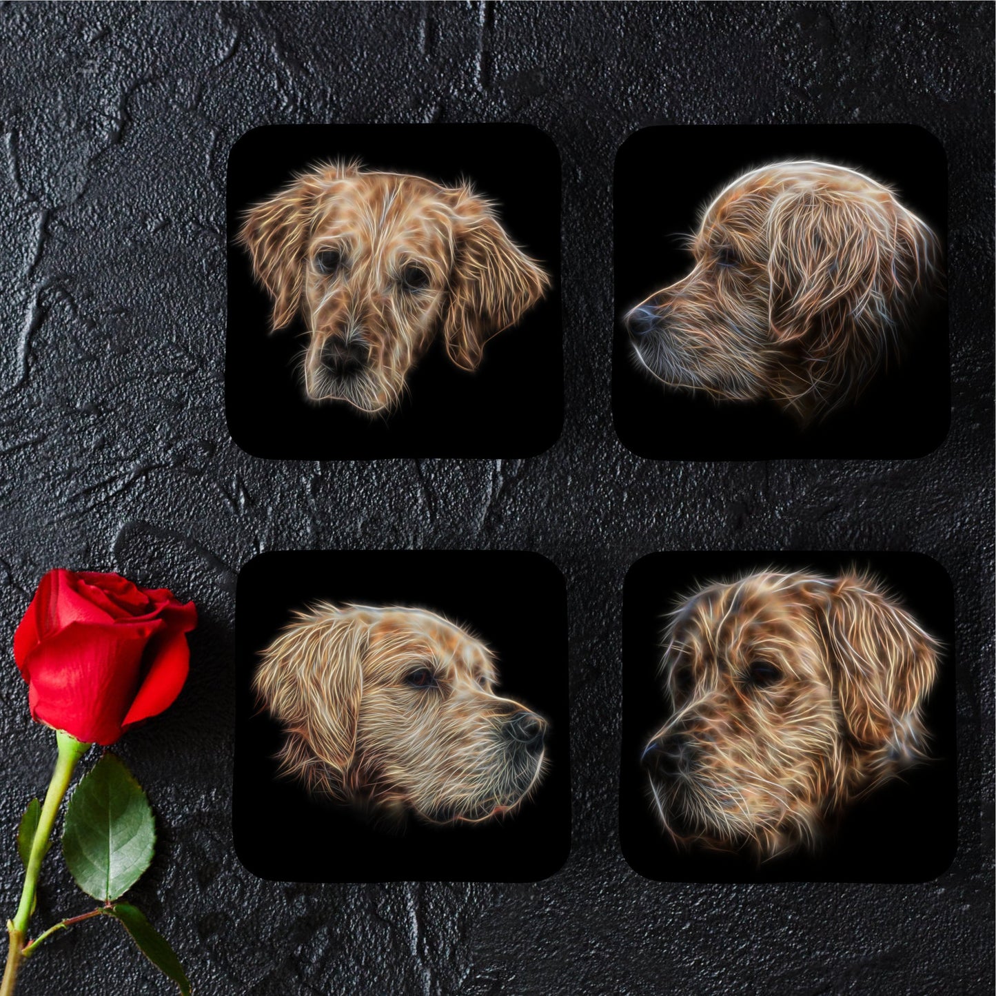 Golden Retriever Coasters, Set of 4, with Stunning Fractal Art Design. Perfect Owner Gift.