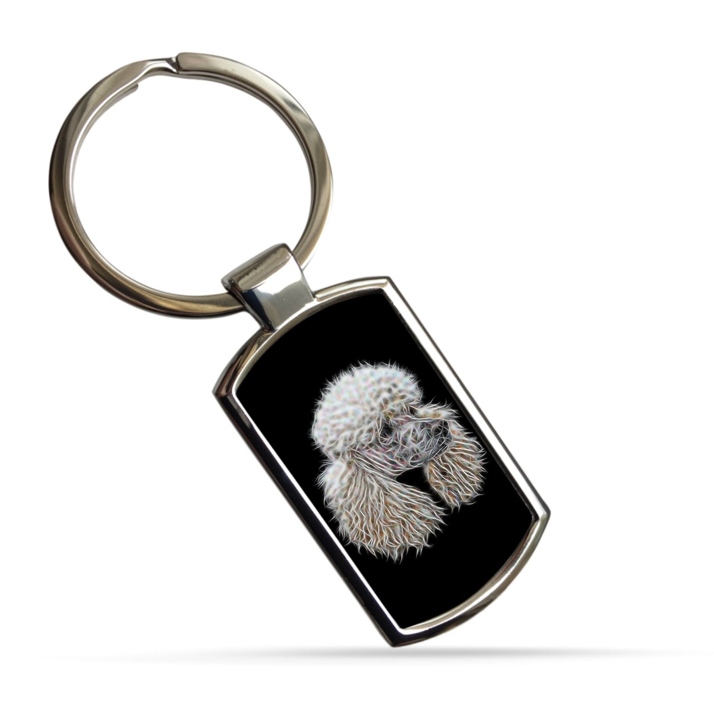 White Standard Poodle Keychain with Fractal Art Design.