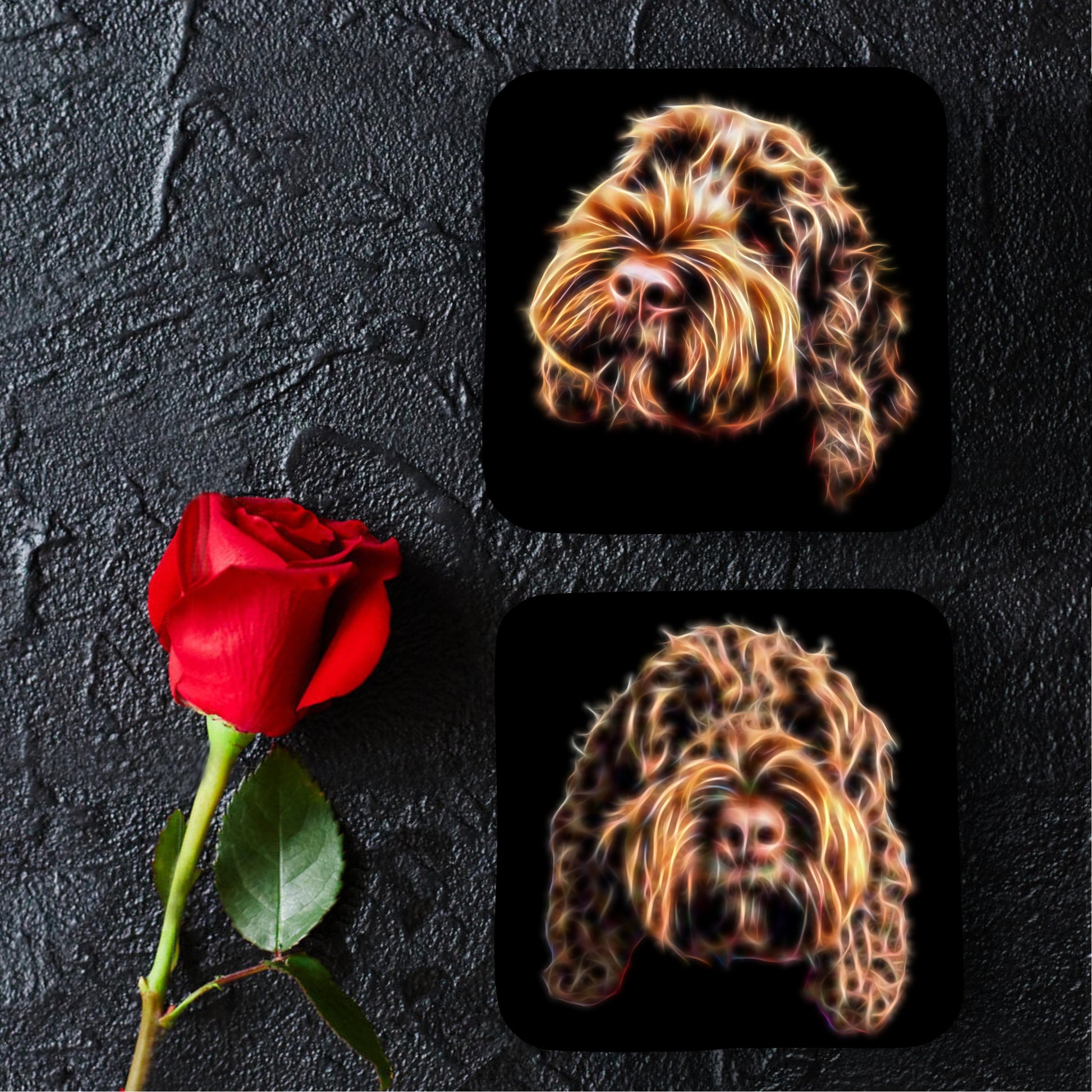 Chocolate Brown Cockapoo Coasters, Set of 2, with Stunning Fractal Art Design.