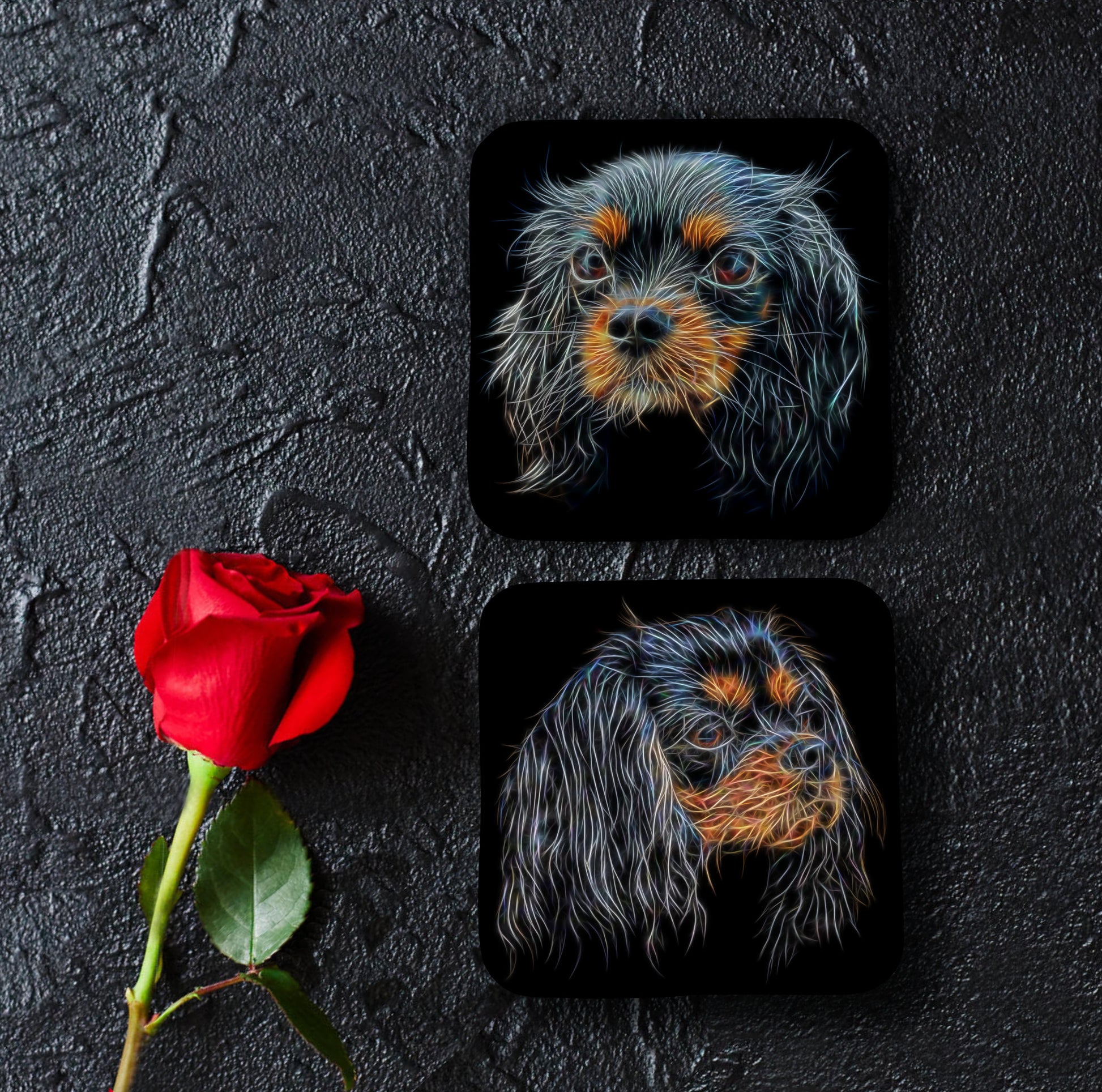 Black and Tan King Charles Spaniel Coasters, Set of 2, with Stunning Fractal Art Design.