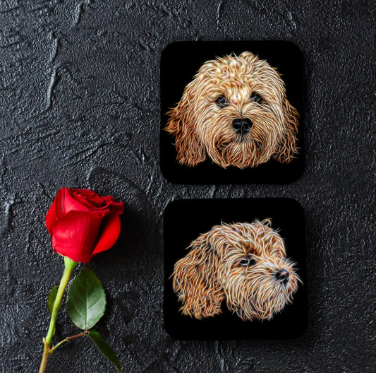 Apricot Cavapoo Coasters, Set of 2, with Stunning Fractal Art Design.