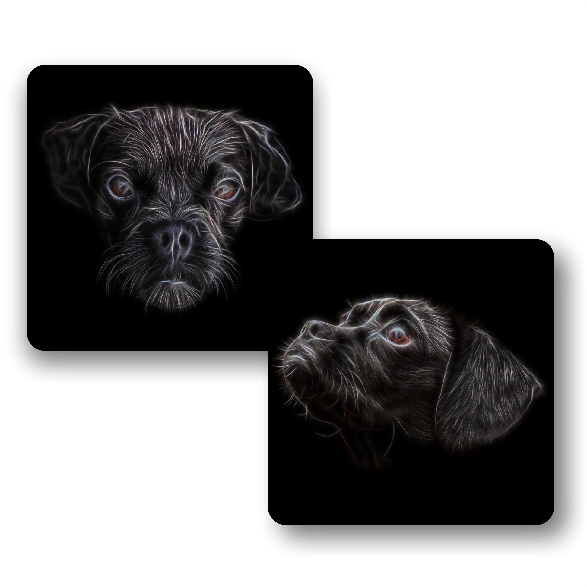Black Puggle Coasters, Set of 2, with Stunning Fractal Art Design.