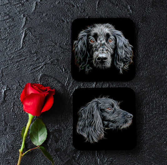 Black Working Cocker Spaniel Coasters, Set of 2, with Stunning Fractal Art Design.