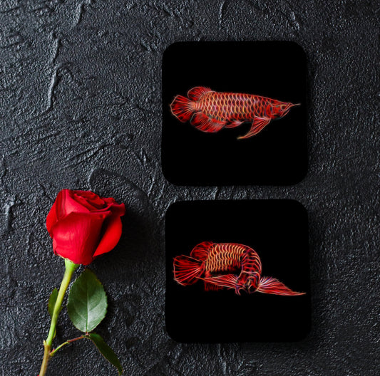 Red Arowana Coasters, Set of 2, with Stunning Fractal Art Design.