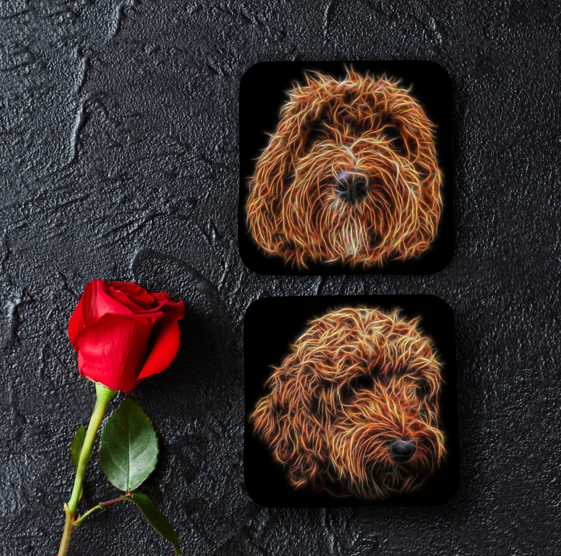 Red Labradoodle Coasters, Set of 2, with Stunning Fractal Art Design