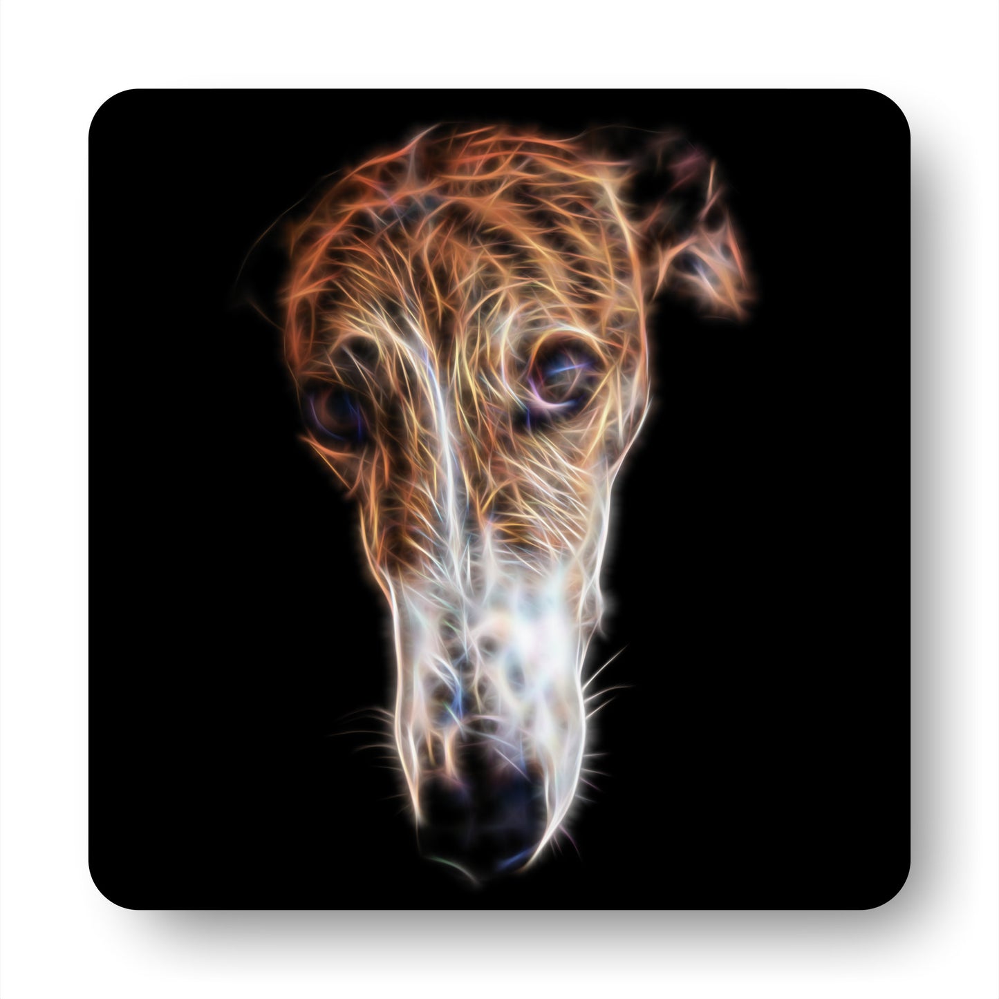 Brindle and White Greyhound Dog Coasters, Set of 2, with Stunning Fractal Art Design.