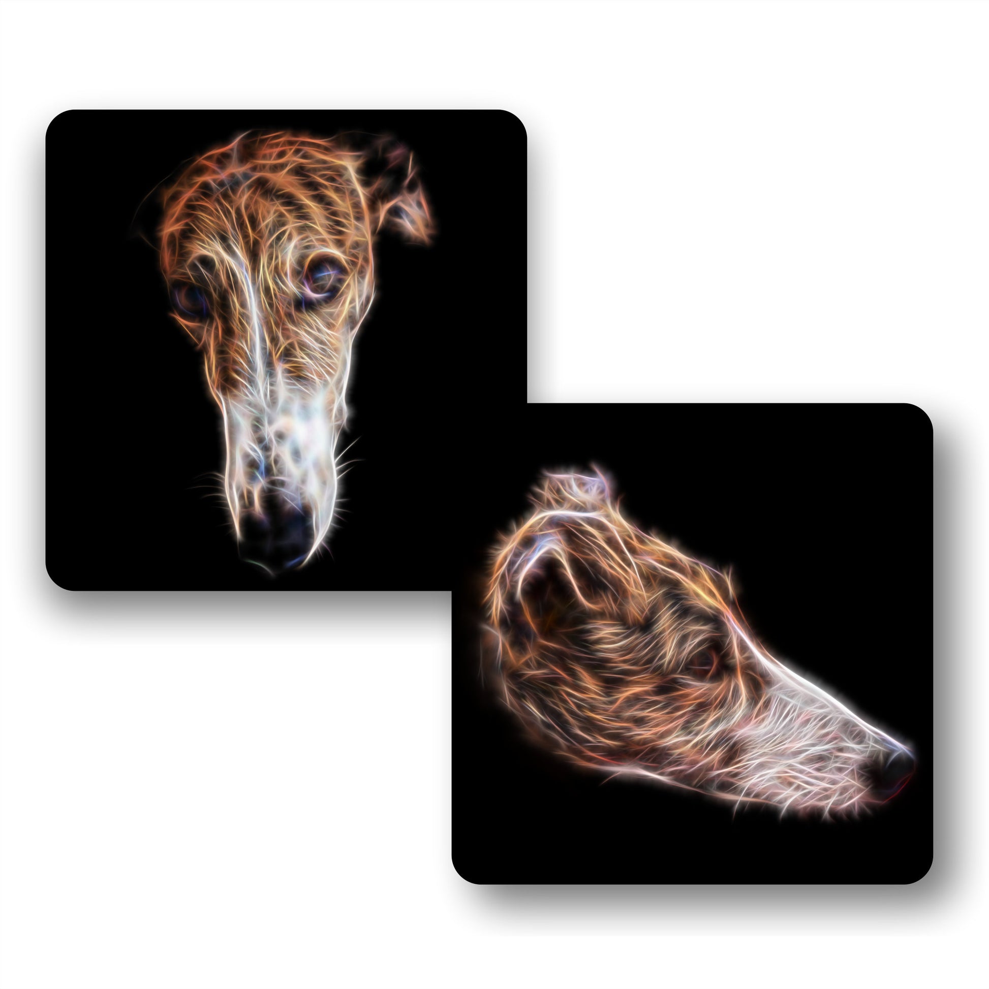 Brindle and White Greyhound Dog Coasters, Set of 2, with Stunning Fractal Art Design.