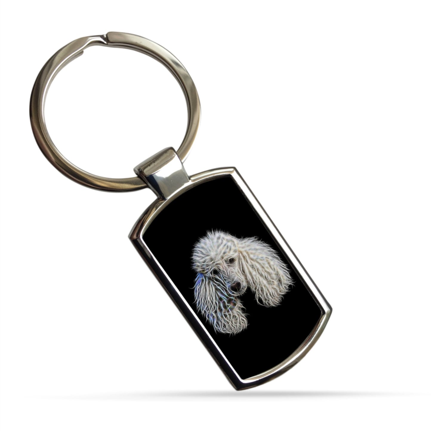 White Standard Poodle Keychain with Fractal Art Design.
