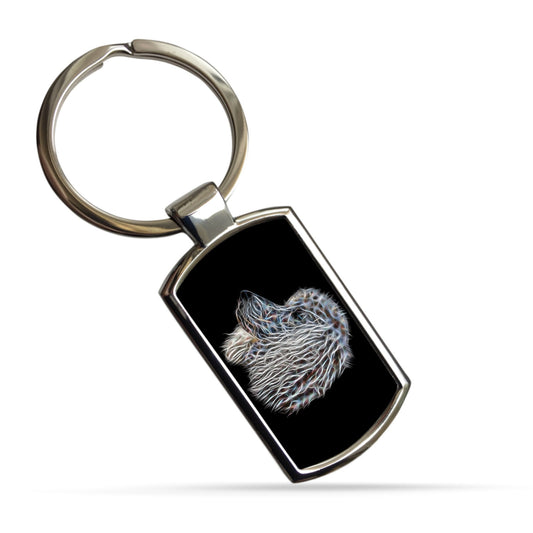 White Standard Poodle Keychain with Fractal Art Design.