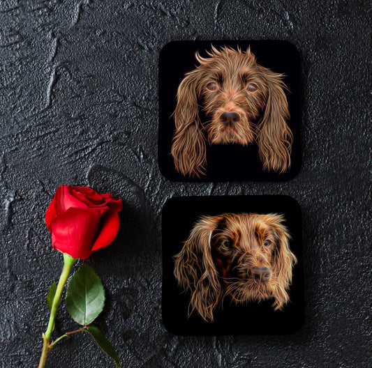 Red Working Cocker Spaniel Coasters, Set of 2, with Stunning Fractal Art Design.