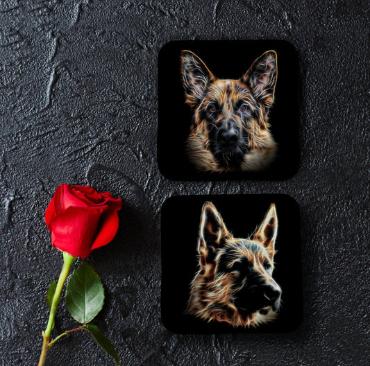 Black & Tan German Shepherd Coasters, Set of 2, with Stunning Fractal Art Design. Perfect Dog Lover Gift.