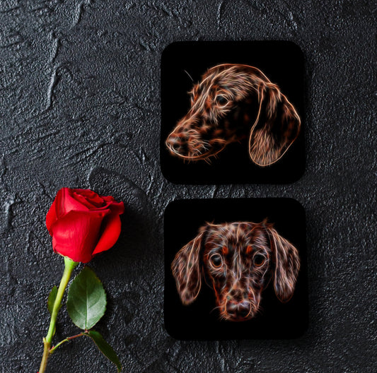 Chocolate Brown Dachshund Coasters, Set of 2, with Stunning Fractal Art Design