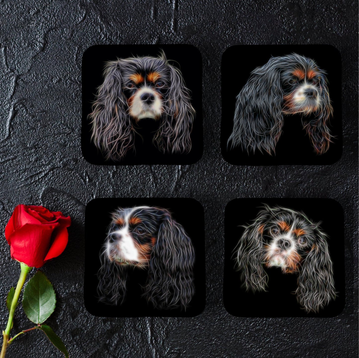Tricolour King Charles Spaniel Coasters, Set of 4, with Fractal Art Design