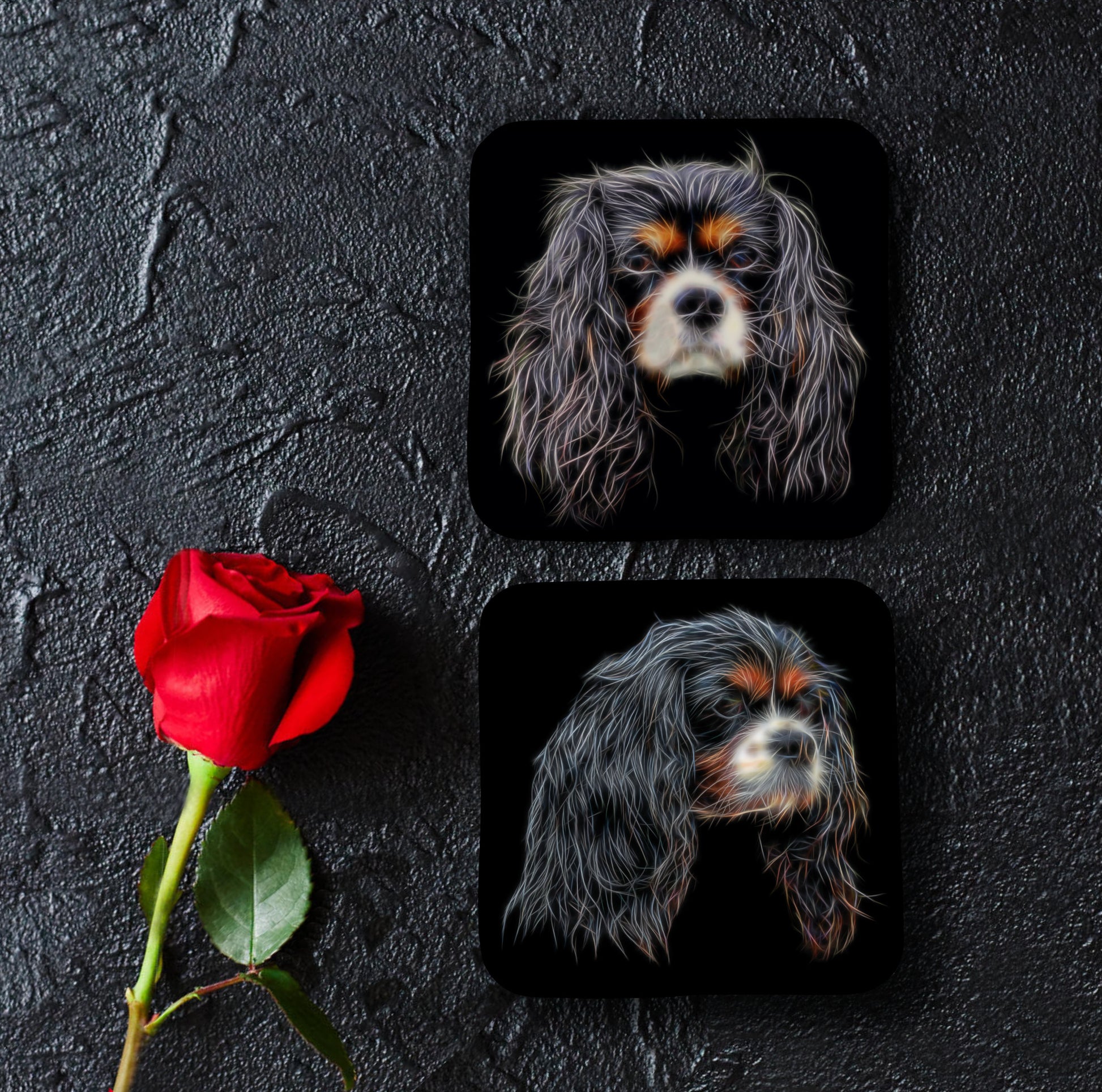 Tricolour King Charles Spaniel Coasters, Set of 2, with Fractal Art Design