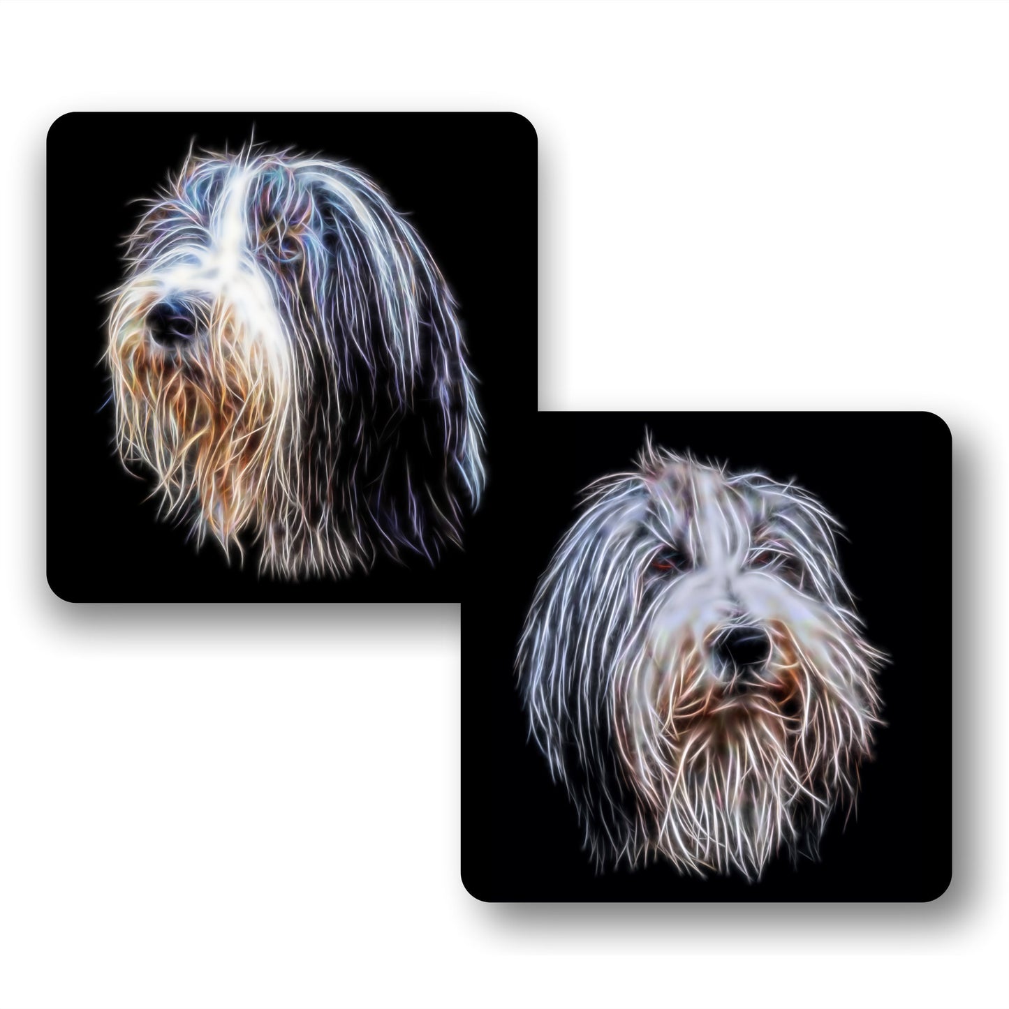 Bearded Collie Coasters, Set of 2, with Fractal Art Design, Perfect Bearded Collie Owner Gift