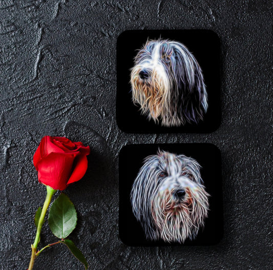 Bearded Collie Coasters, Set of 2, with Fractal Art Design, Perfect Bearded Collie Owner Gift