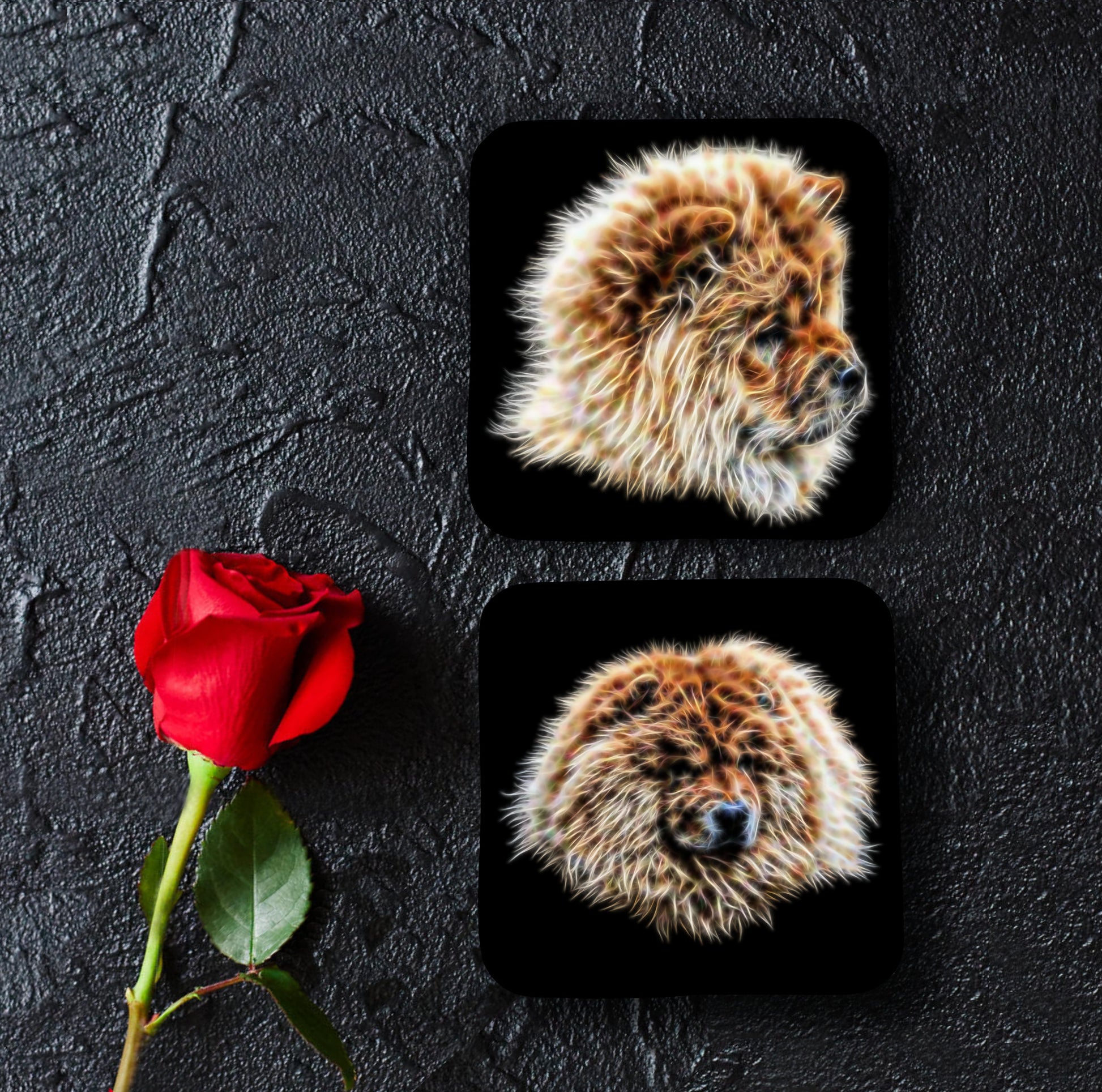 Chow Chow Coasters, Set of 2, with Stunning Fractal Art Design.