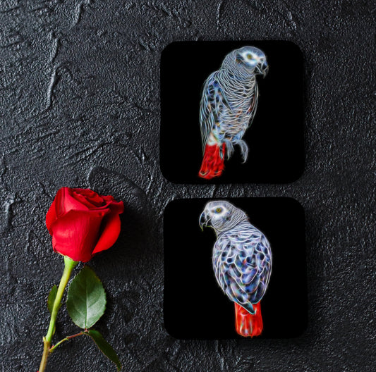 African Grey Parrot Coasters, Set of 2, with Stunning Fractal Art Design.