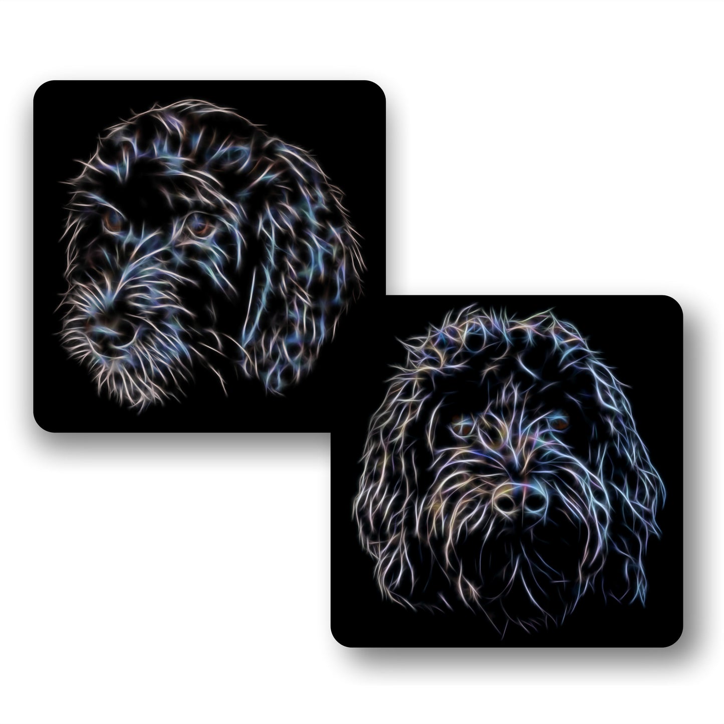 Black Cockapoo Coasters, Set of 2, with Stunning Fractal Art Design.