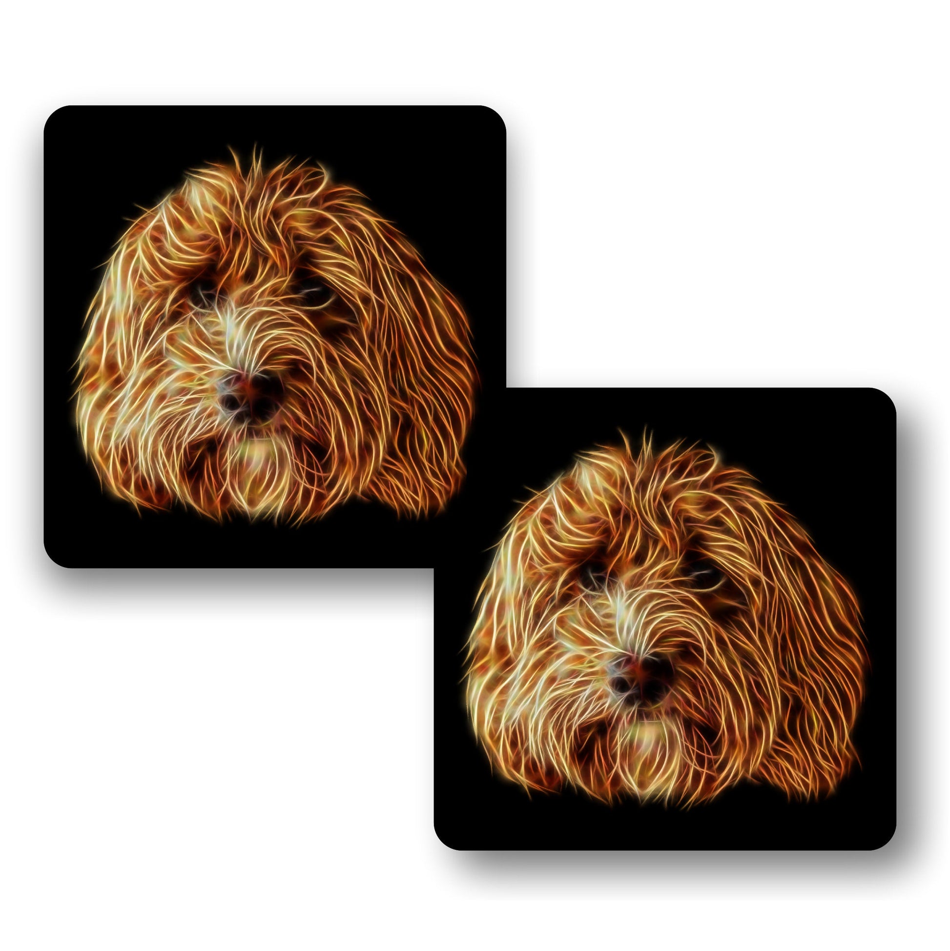 Red Cockapoo Coasters, Set of 2, with Stunning Fractal Art Design.