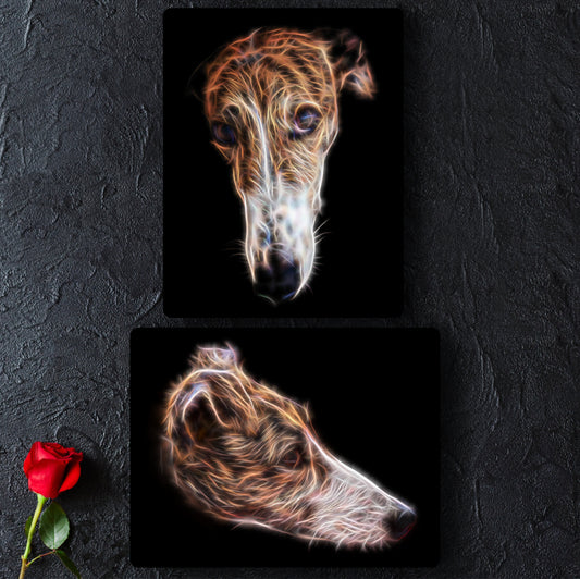 Brindle and White Greyhound Metal Wall Plaque with Stunning Fractal Art Design. Perfect Dog Owner Gift