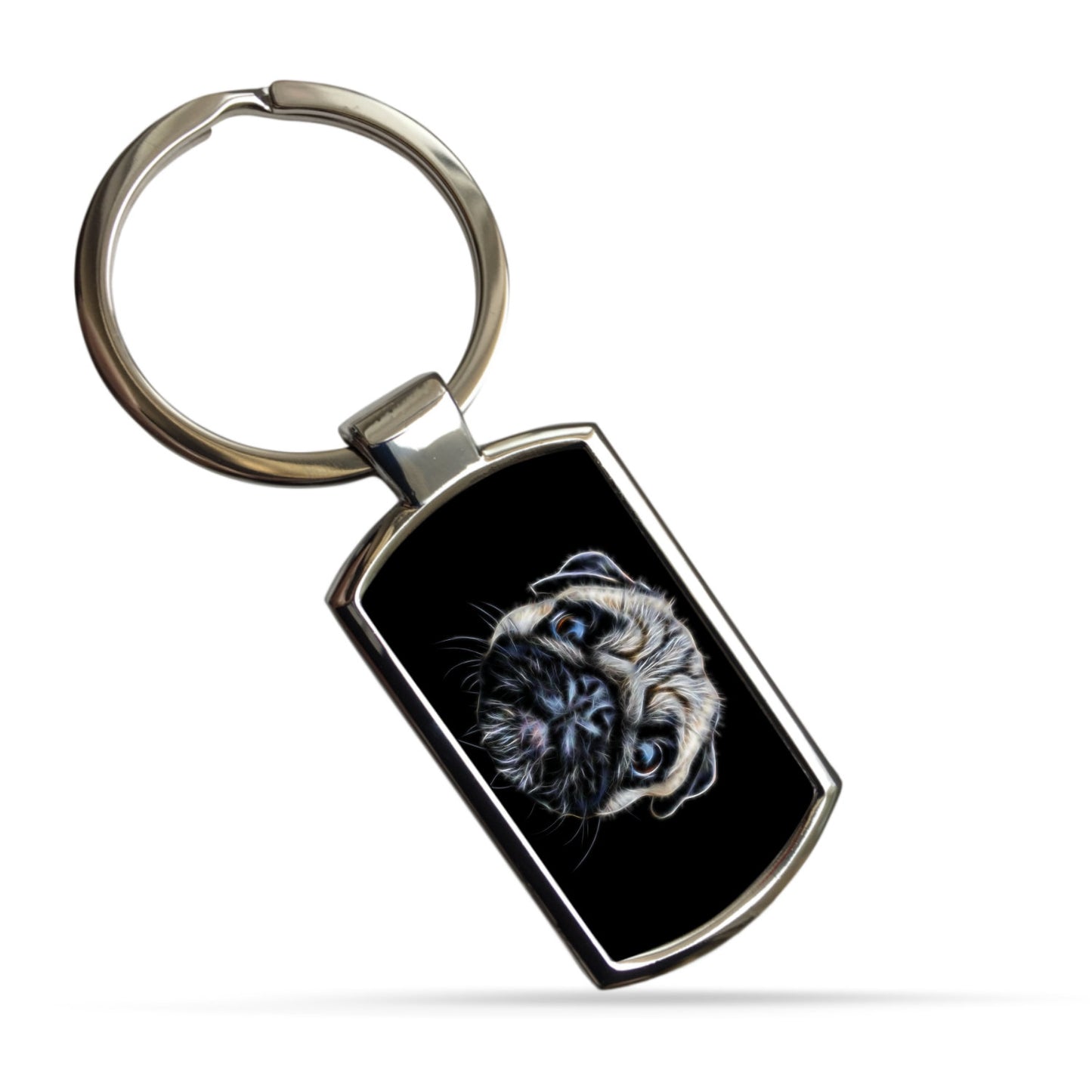 Pug Keychain with Stunning Fractal Art Design. Fawn and Black Designs.