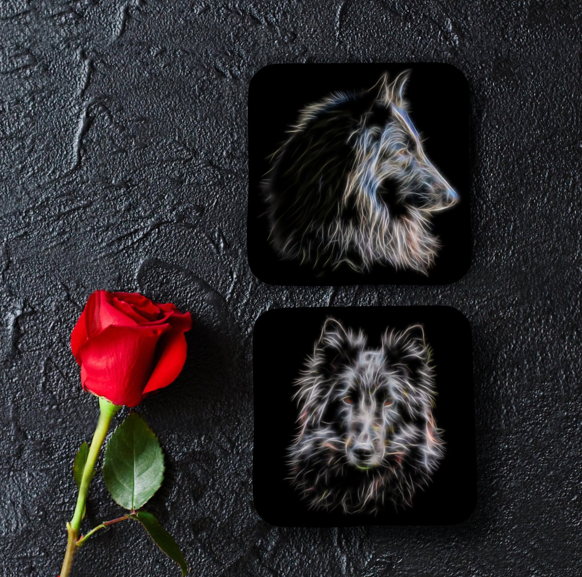 Belgian Shepherd Coasters, Set of 2, with Stunning Fractal Art Design. Belgian Groenendael