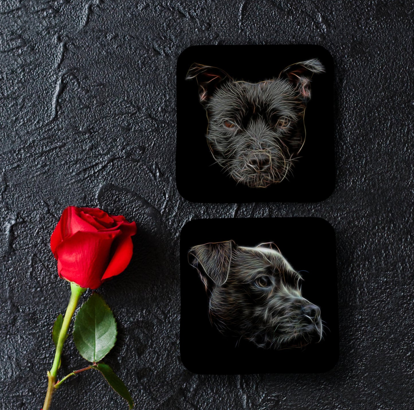 Black Staffordshire Bull Terrier Coasters, Set of 2, with Stunning Fractal Art Design. Perfect Dog Owner Gift.