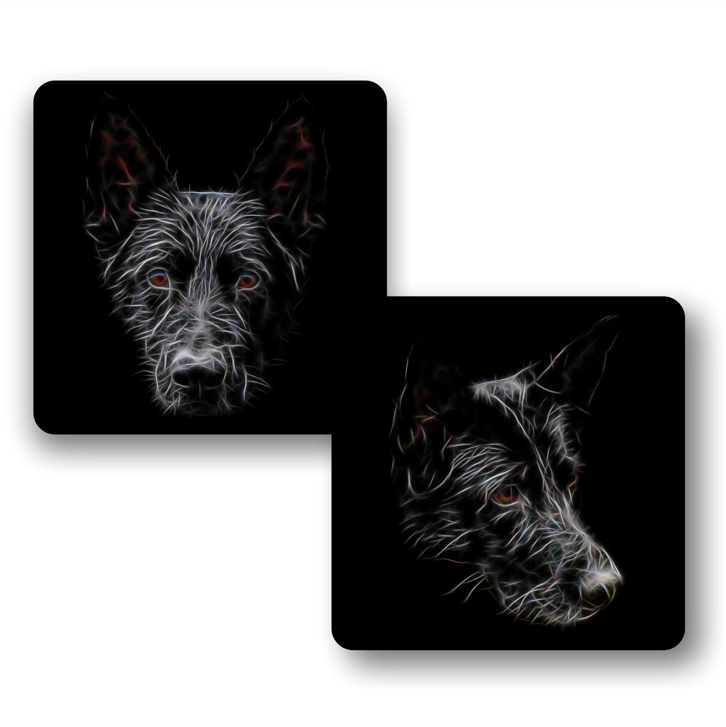 Black German Shepherd Coasters, Set of 2, with Stunning Fractal Art Design. Perfect Dog Lover Gift.