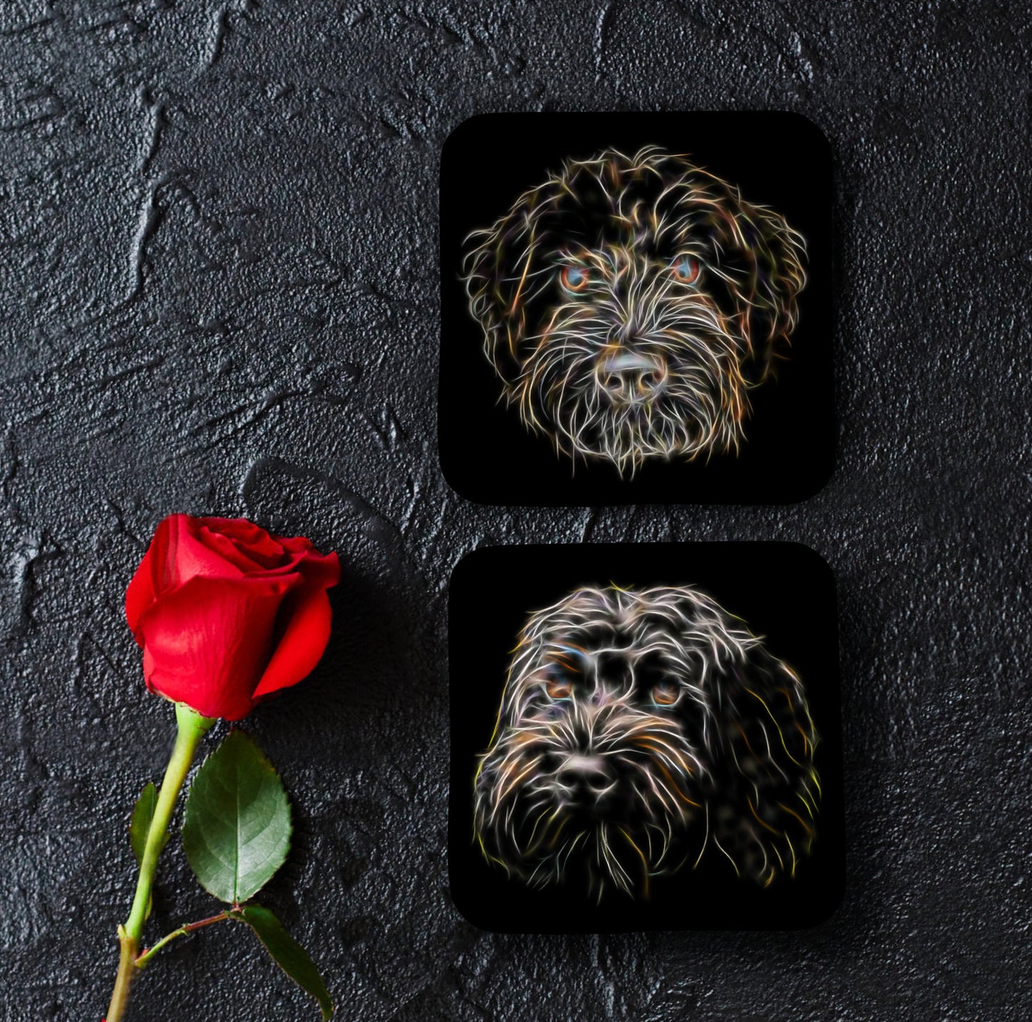Black Labradoodle Coasters, Set of 2, with Stunning Fractal Art Design