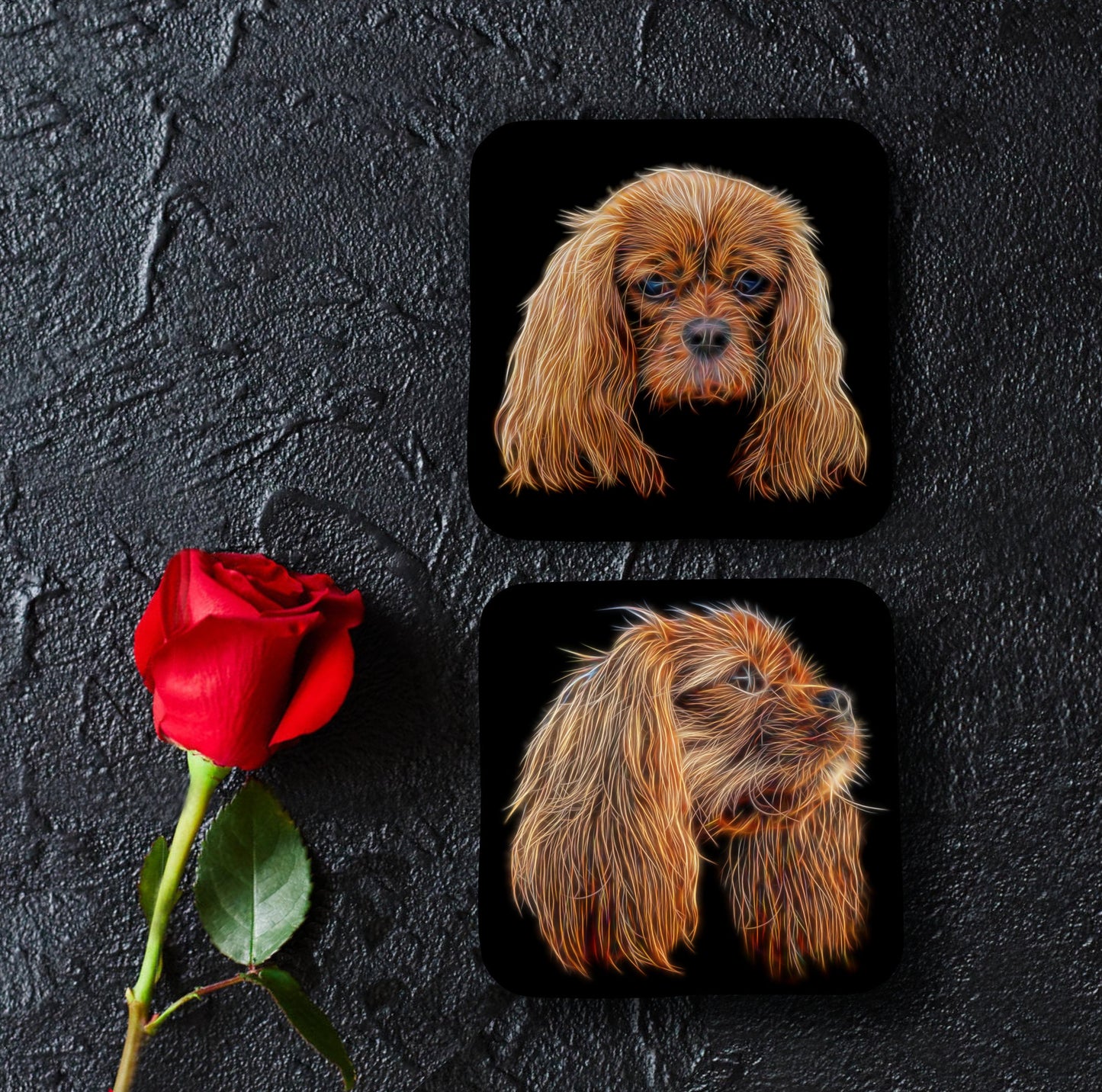 Ruby King Charles Spaniel Coasters, Set of 2, with Fractal Art Design
