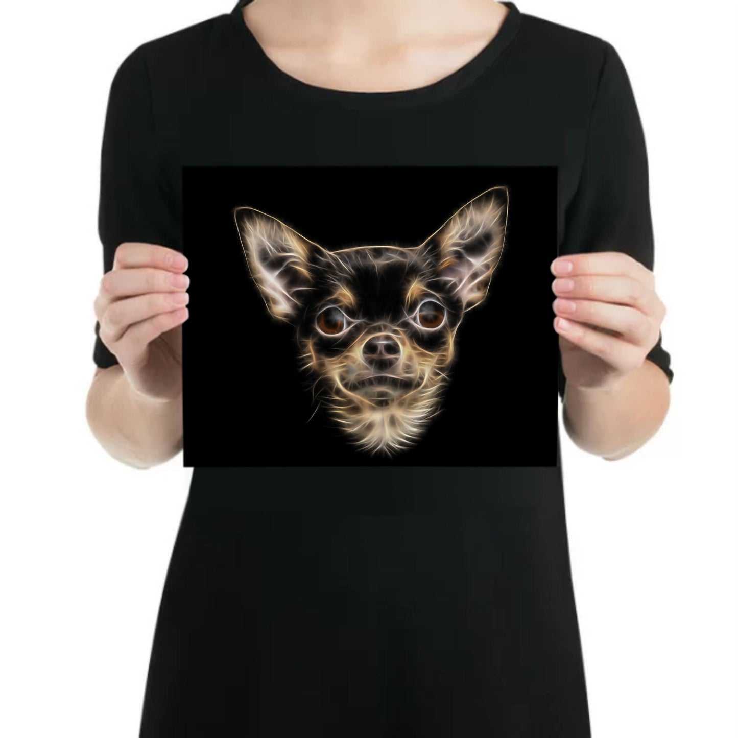 Short Haired Chocolate and Tan Chihuahua Metal Wall Plaque with Fractal Art Design.