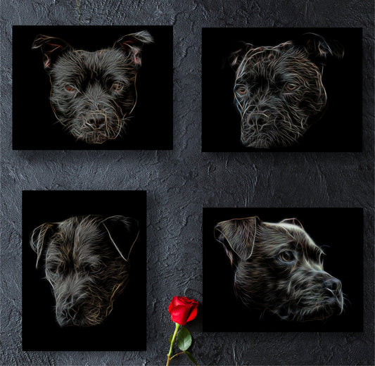 Black Staffordshire Bull Terrier Print with Stunning Fractal Art Design. Various Sizes Available