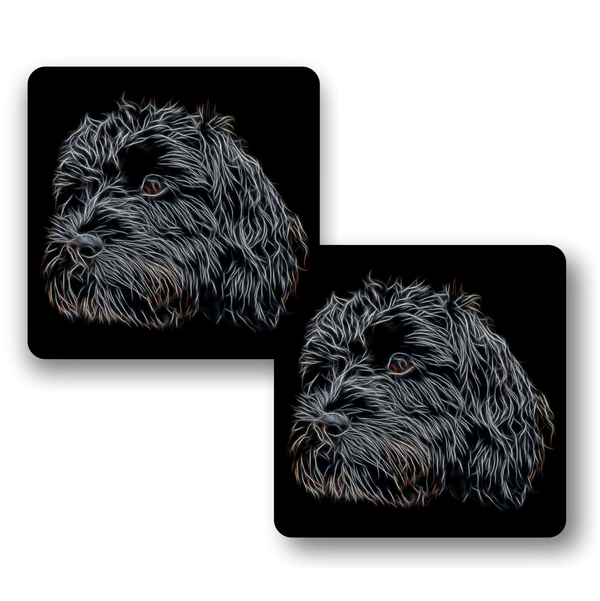 Black Cavapoo Coasters, Set of 2, with Stunning Fractal Art Design.