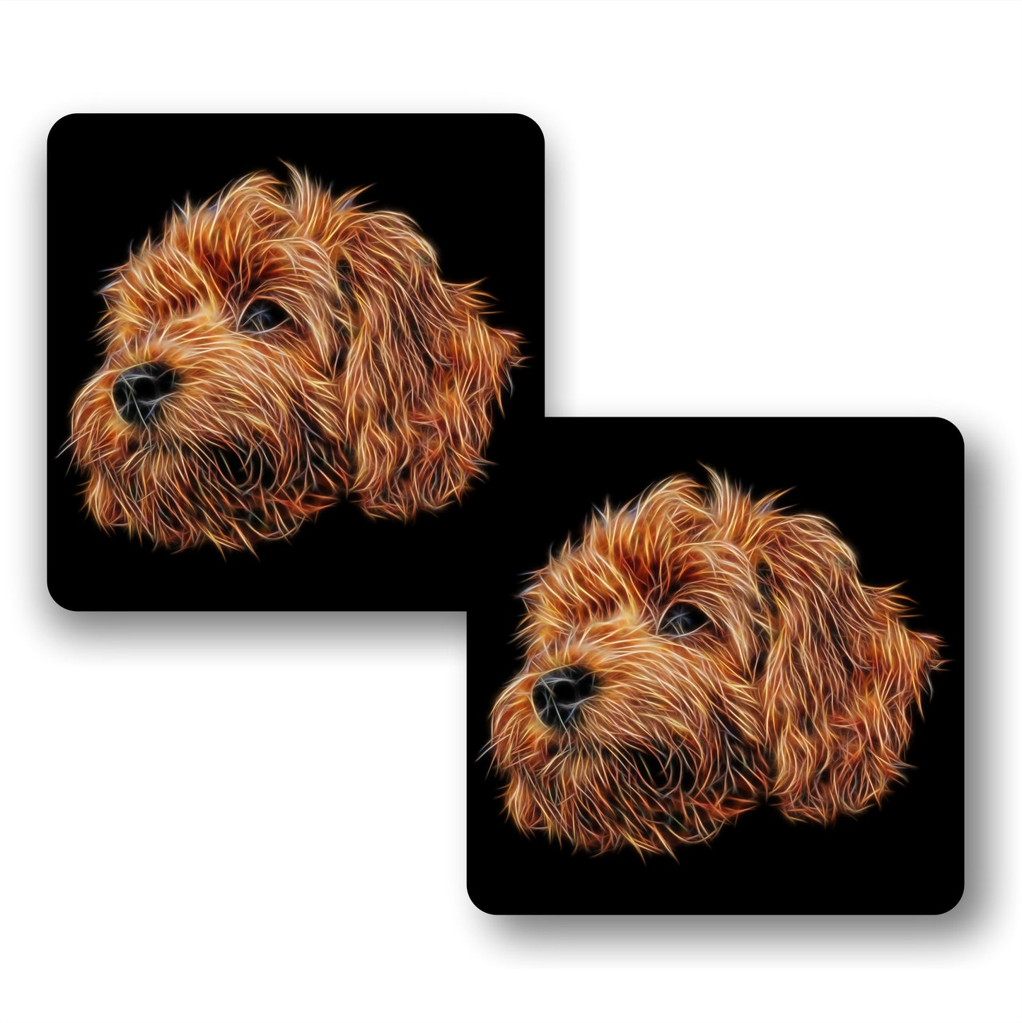Red Cavapoo Coasters, Set of 2, with Stunning Fractal Art Design.