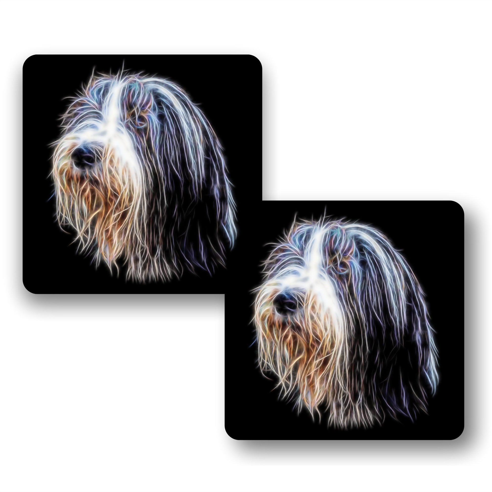 Bearded Collie Coasters, Set of 2, with Fractal Art Design, Perfect Bearded Collie Owner Gift