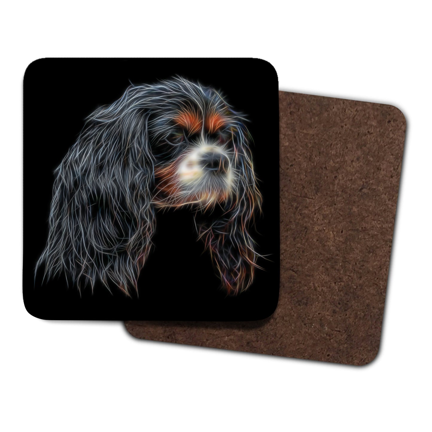 Tricolour King Charles Spaniel Coasters, Set of 2, with Fractal Art Design