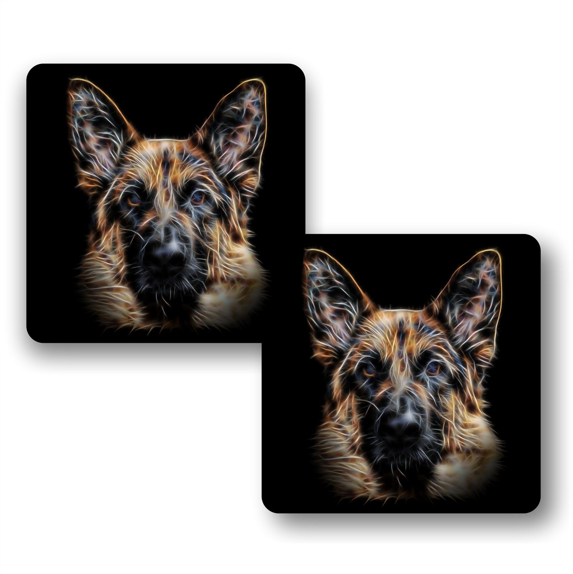 Black & Tan German Shepherd Coasters, Set of 2, with Stunning Fractal Art Design. Perfect Dog Lover Gift.