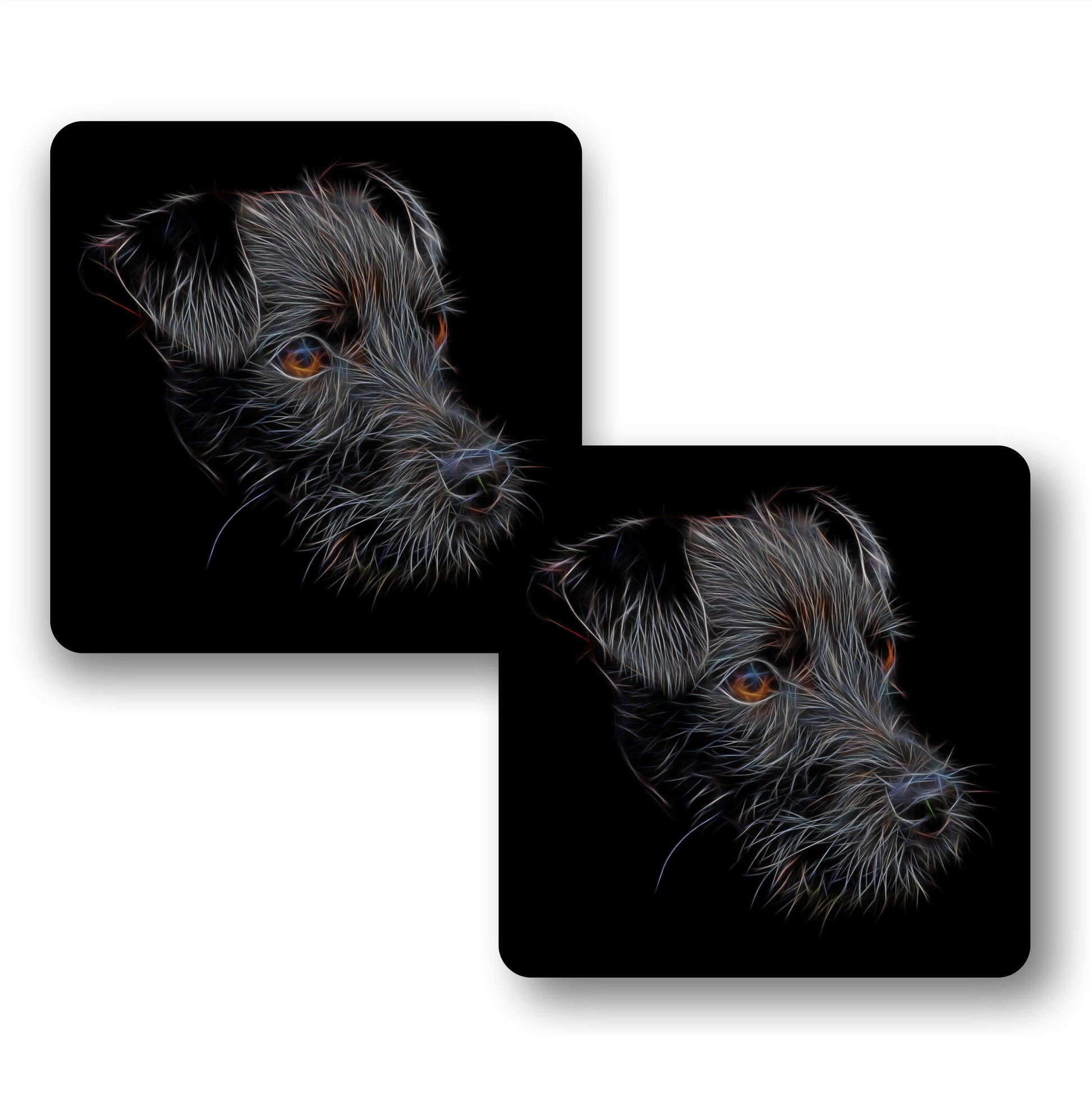 Black Patterdale Terrier Coasters, Set of 2, with Stunning Fractal Art Design.