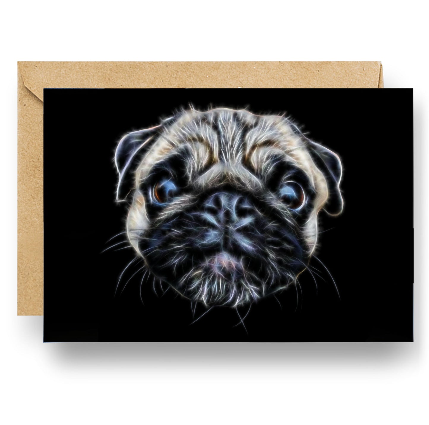 Fawn Pug Greeting Card with Stunning Fractal Art Design