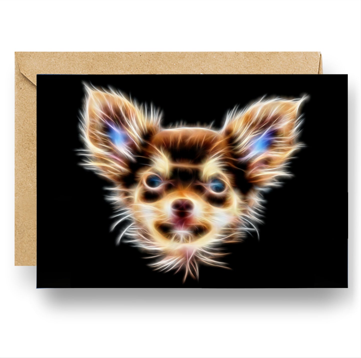 Chocolate and Tan Long Haired Chihuahua Blank Birthday Greeting Card with Stunning Fractal Art Design