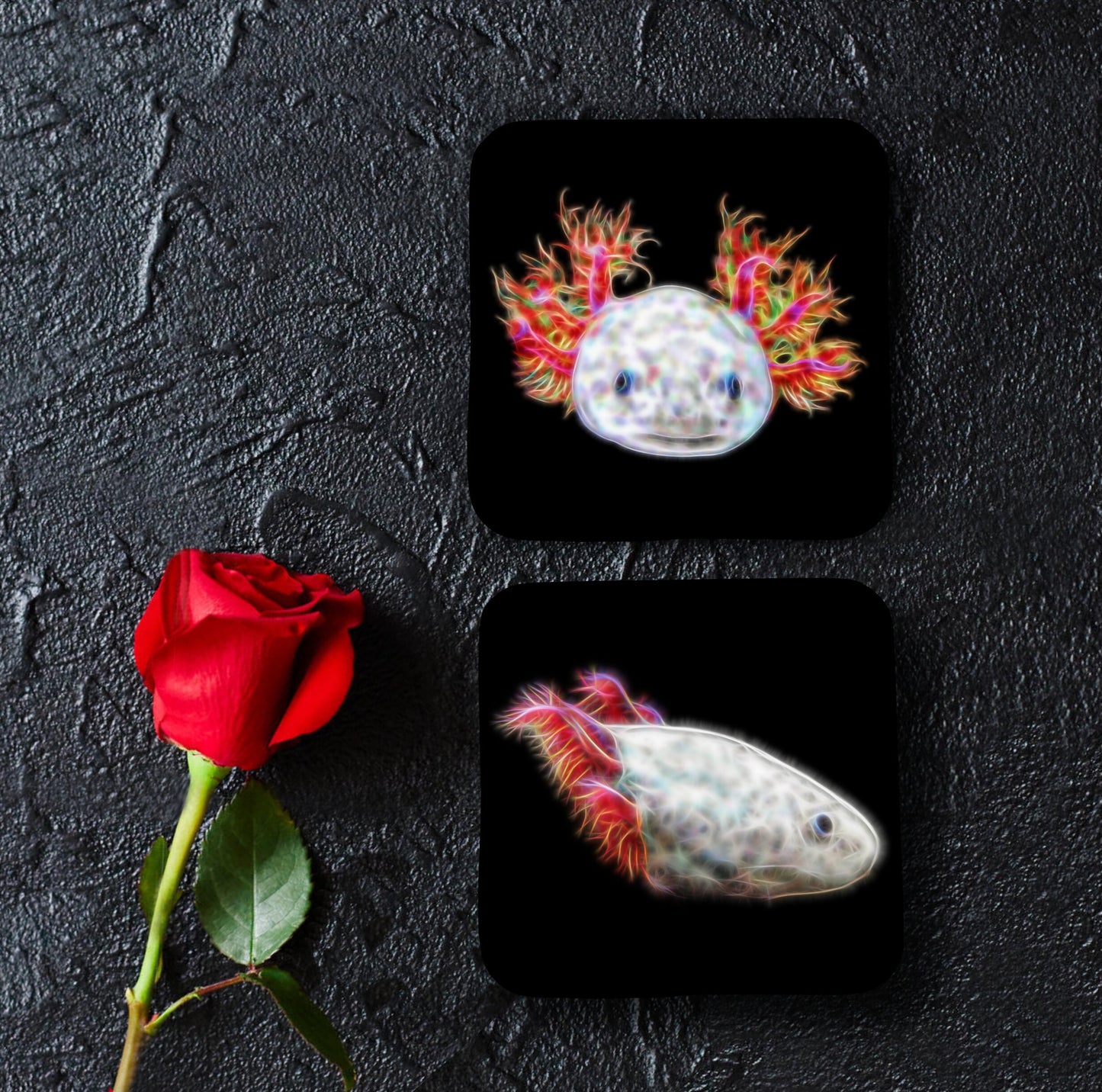 Pink Axolotl Coasters, Set of 2, with Stunning Fractal Art Design.