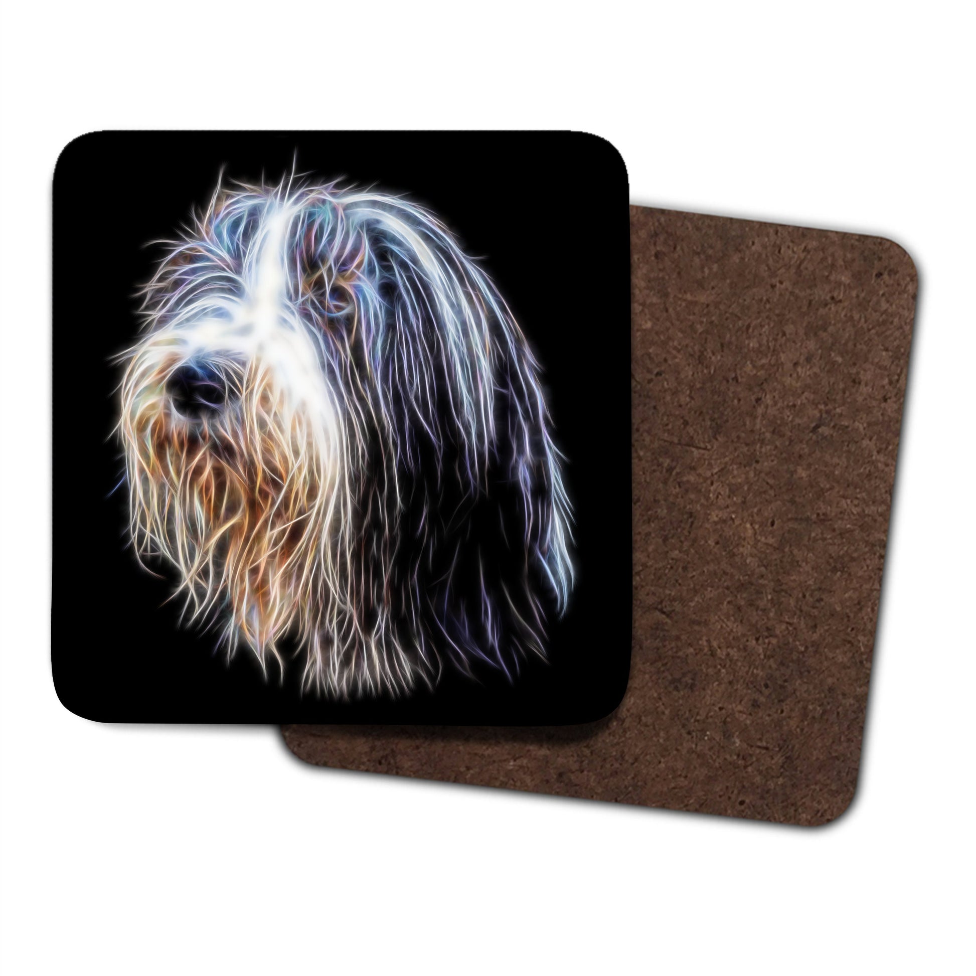 Bearded Collie Coasters, Set of 2, with Fractal Art Design, Perfect Bearded Collie Owner Gift