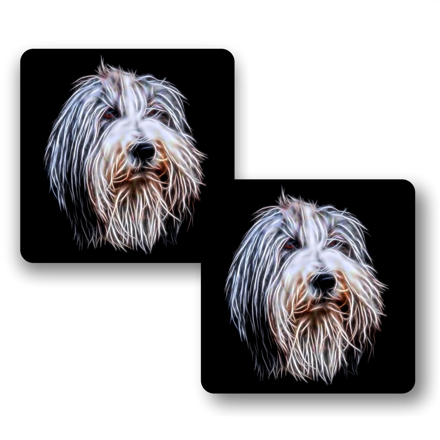 Bearded Collie Coasters, Set of 2, with Fractal Art Design, Perfect Bearded Collie Owner Gift