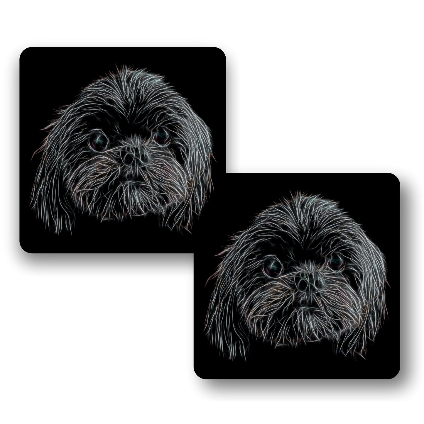 Black Shih Tzu Coasters, Set of 2, with Fractal Art Design, Perfect Shih Tzu Owner Gift