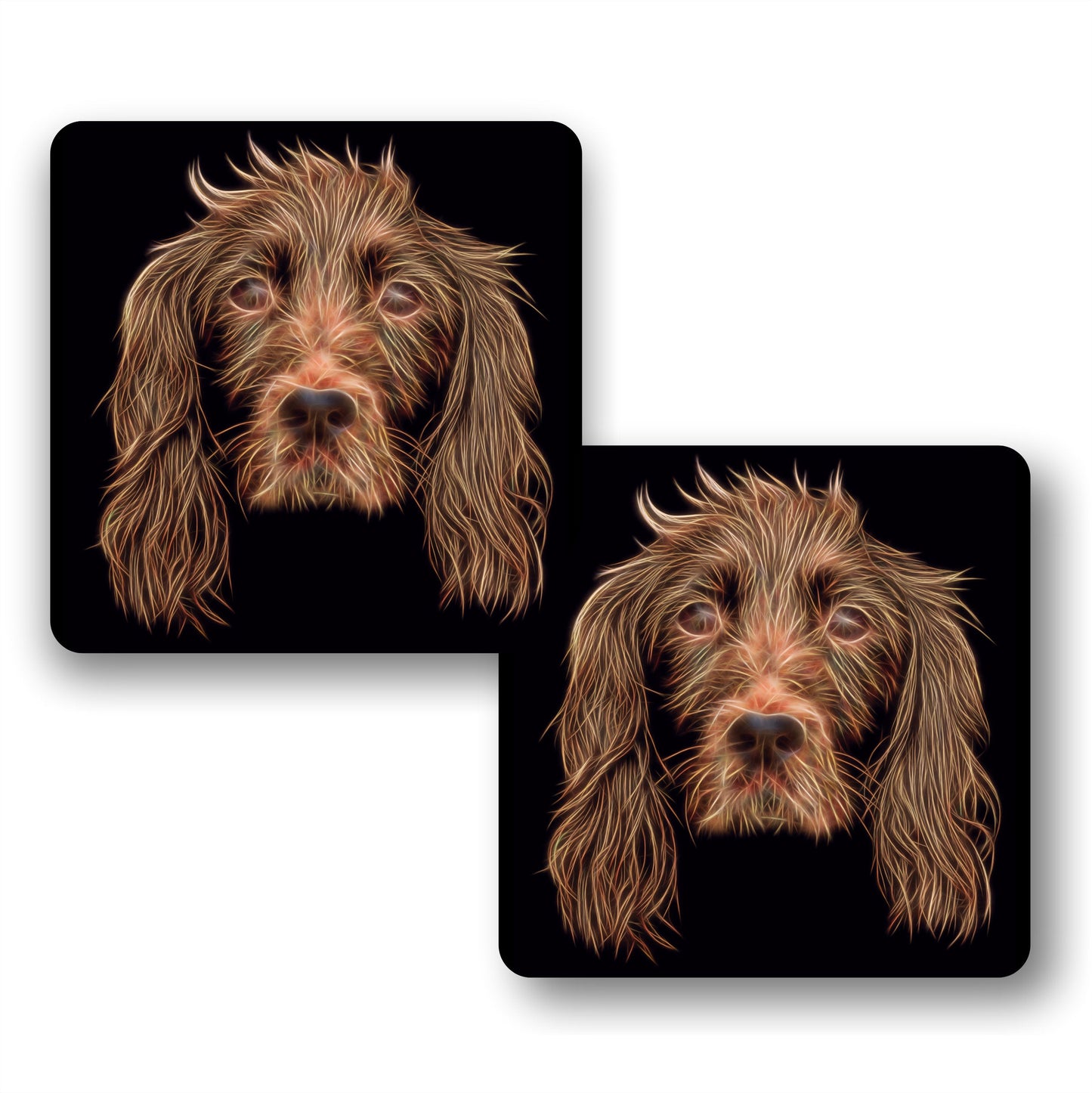 Red Working Cocker Spaniel Coasters, Set of 2, with Stunning Fractal Art Design.