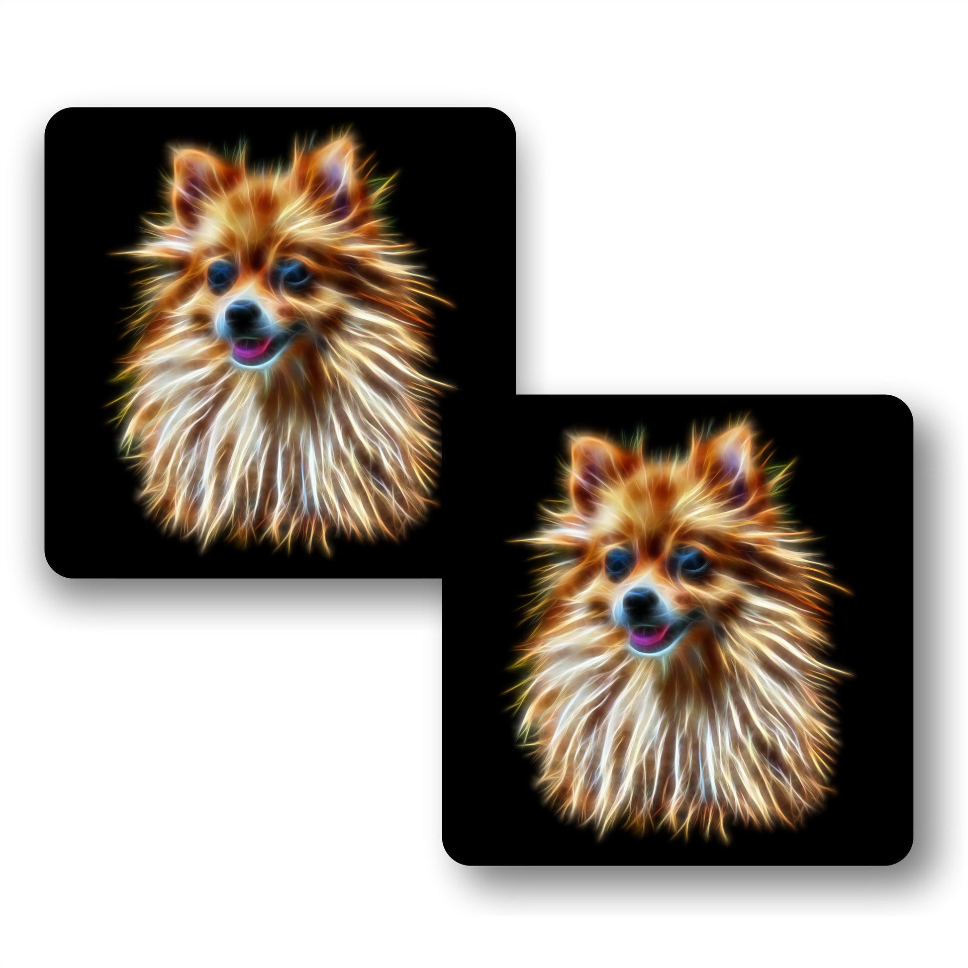 Pomeranian Dog Coasters, Set of 2, with Stunning Fractal Art Design.